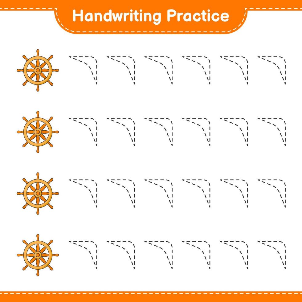 Handwriting practice. Tracing lines of Ship Steering Wheel. Educational children game, printable worksheet, vector illustration