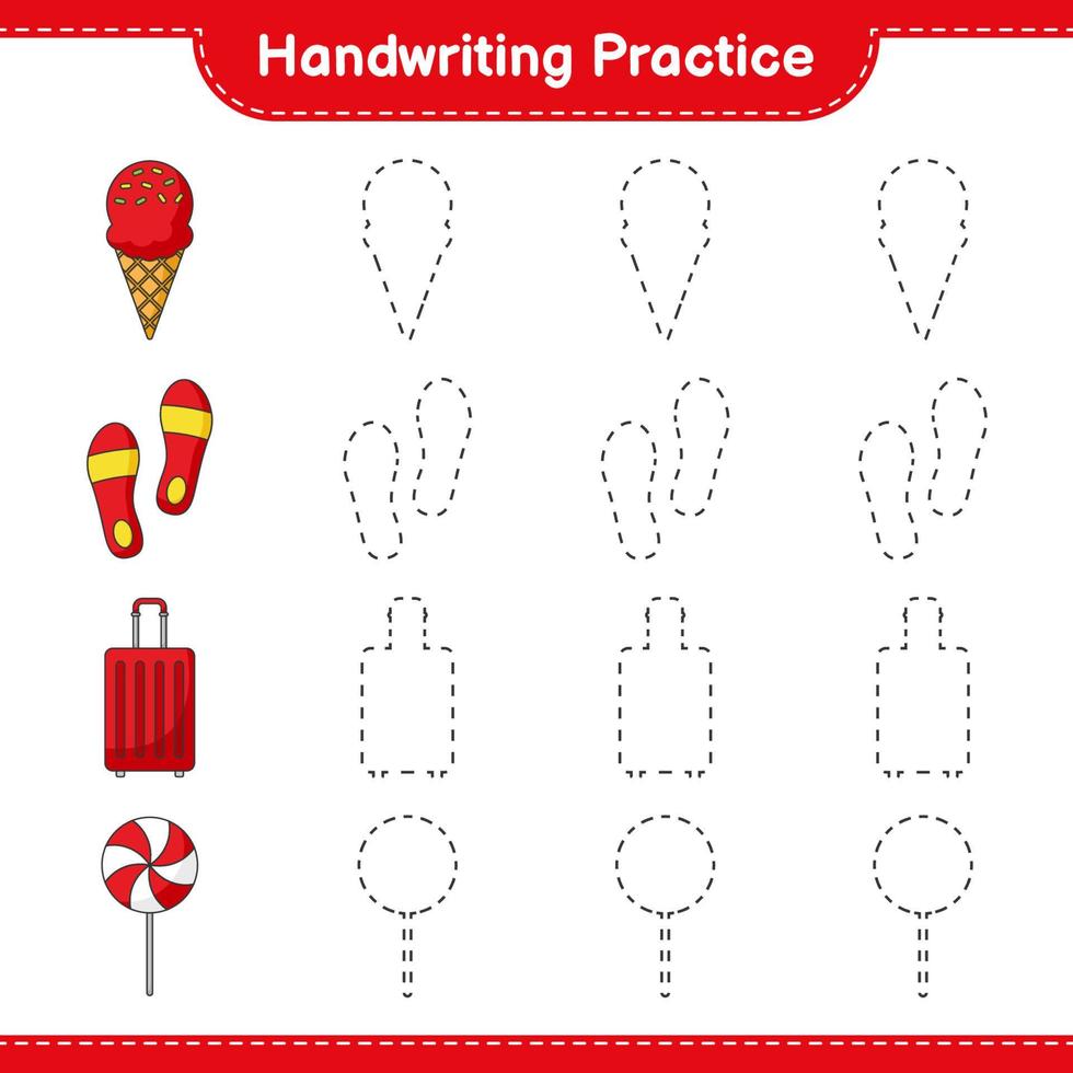 Handwriting practice. Tracing lines of Ice Cream, Flip Flop, Travel Bag, and Candy. Educational children game, printable worksheet, vector illustration