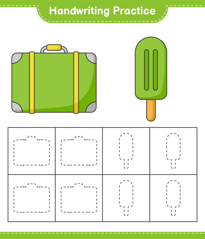 Handwriting practice. Tracing lines of Luggage and Ice Cream. Educational children game, printable worksheet, vector illustration