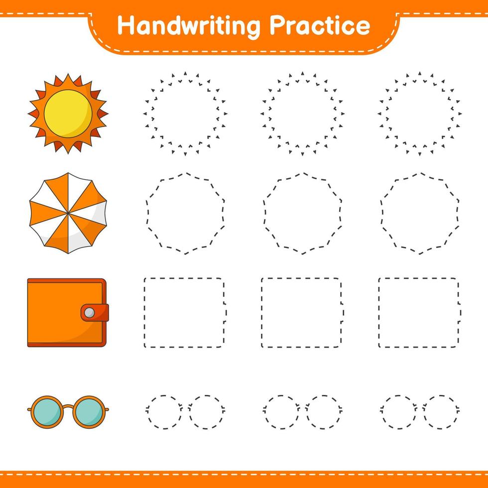 Handwriting practice. Tracing lines of Sun, Umbrella, Wallet, and Sunglasses. Educational children game, printable worksheet, vector illustration
