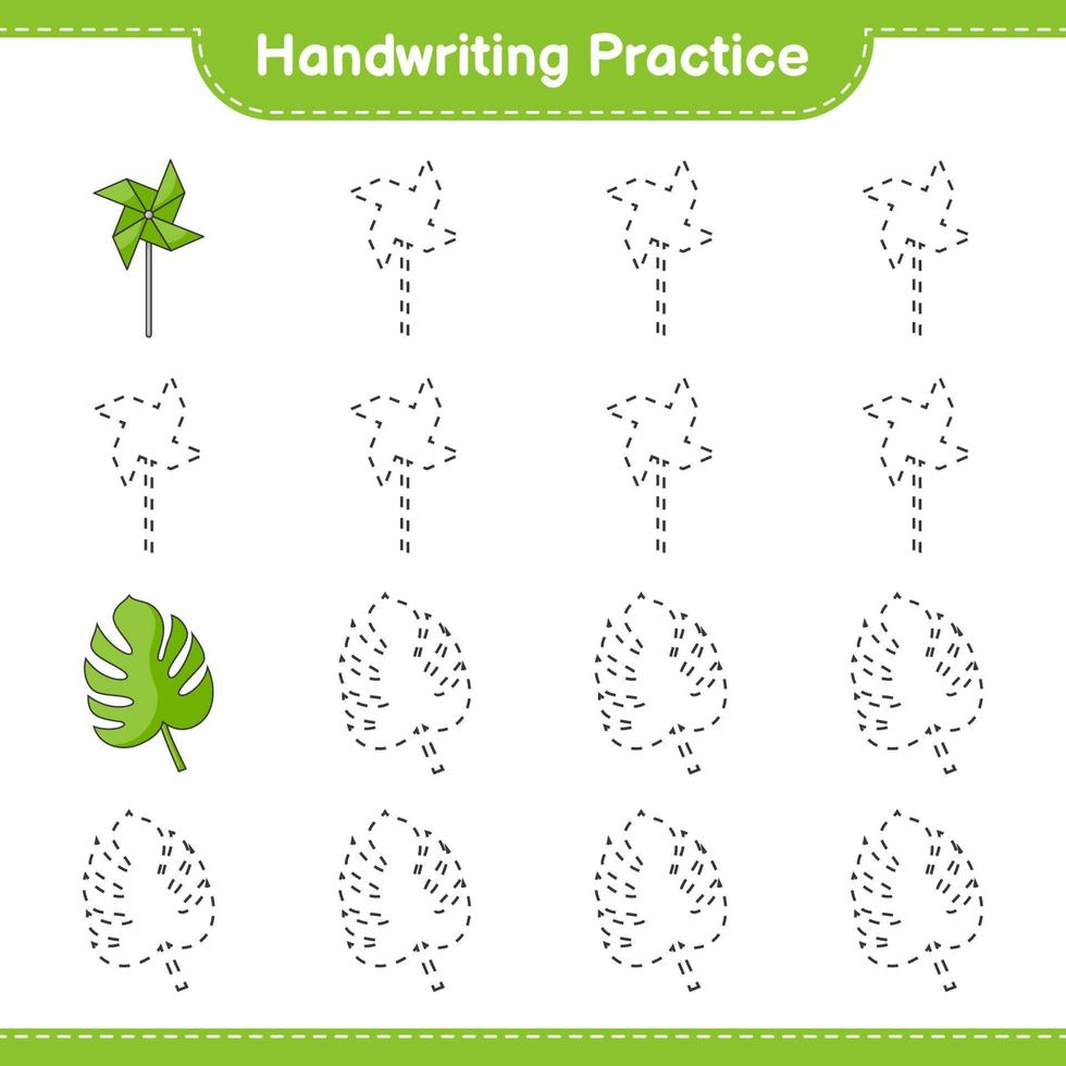 Handwriting practice. Tracing lines of Monstera and Pinwheels. Educational children game, printable worksheet, vector illustration