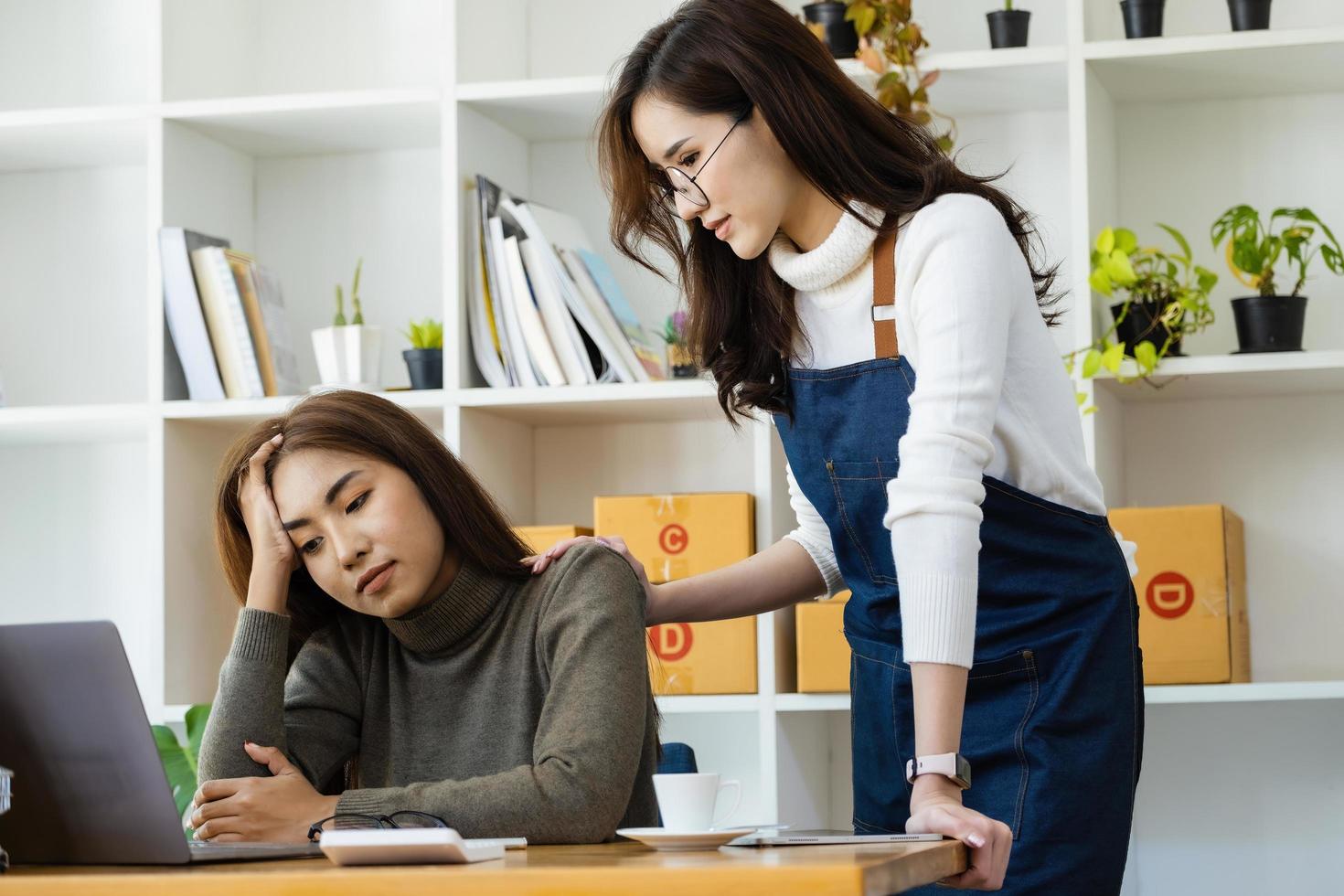 Sell products to online business owners. Two women are frustrated with online sales that aren't meeting their targets. photo