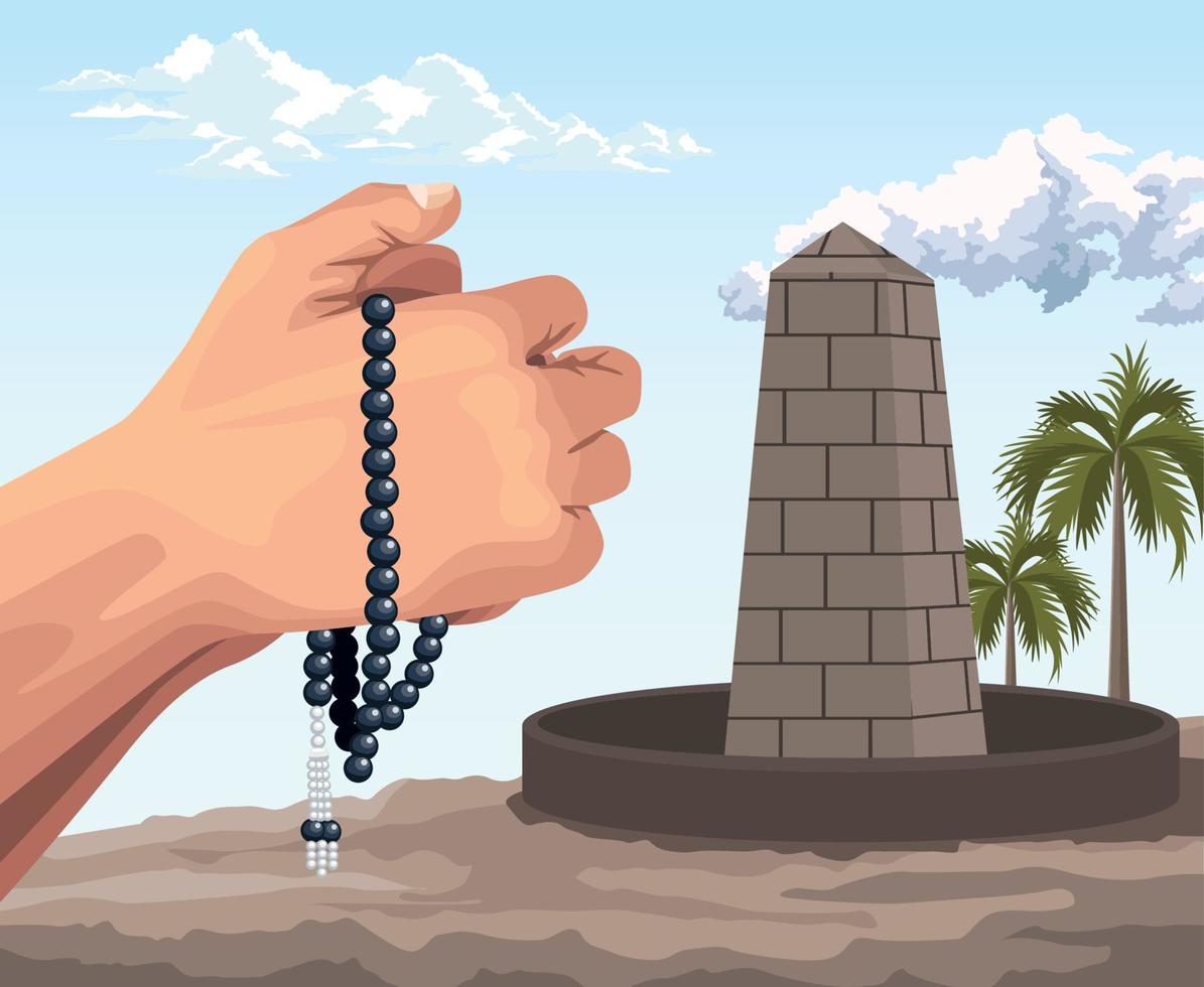 hands with tasbih and Stoning Al Aqba vector