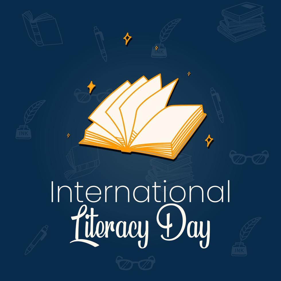 international literacy day with books, ink, pen isolated on dark background. vector