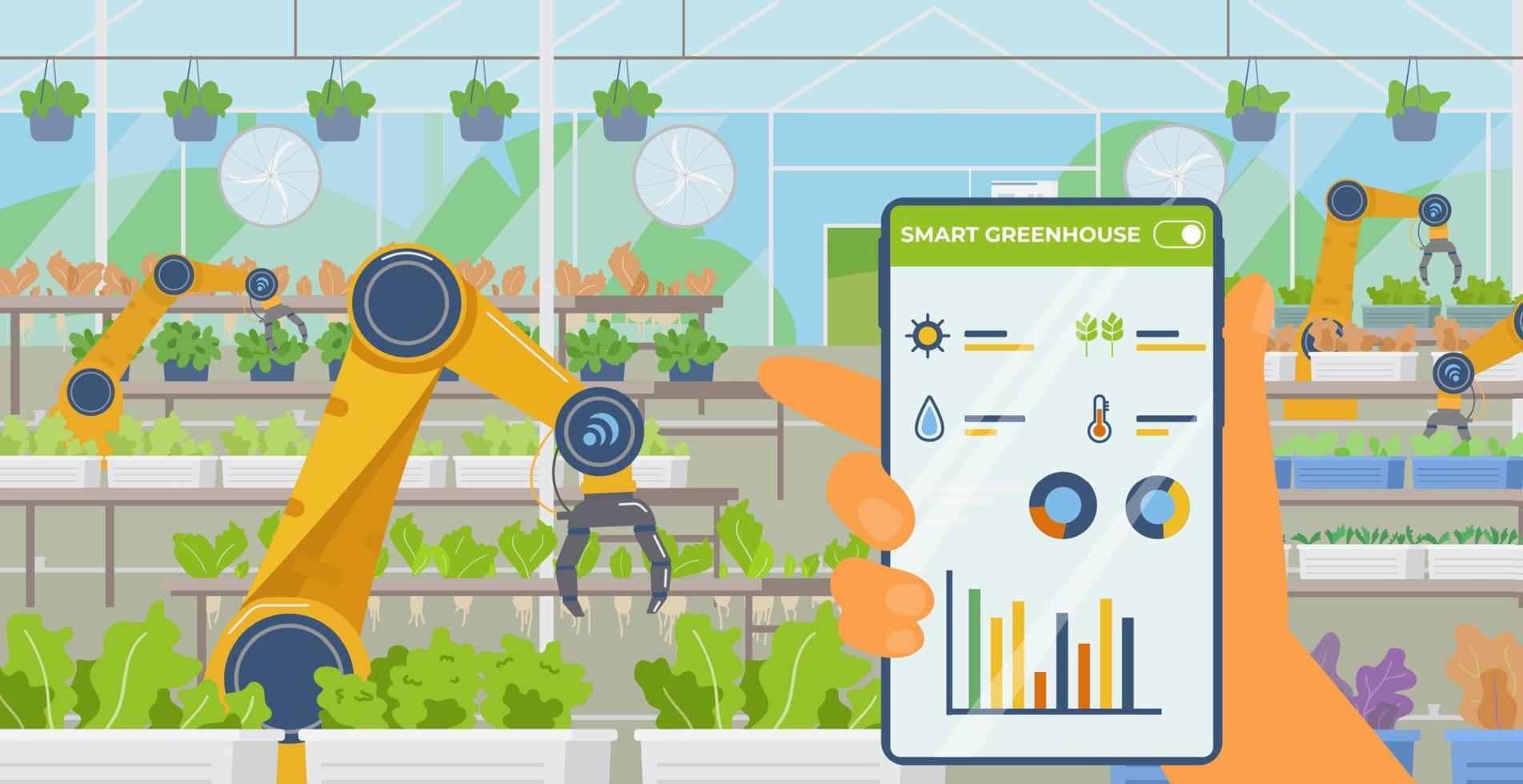 Invernadero inteligente y concepto de agricultura vector banner horizontal plano. mano que sostiene el teléfono inteligente con aplicación para control remoto. invernadero con plantaciones de ensaladas y robots agrícolas.