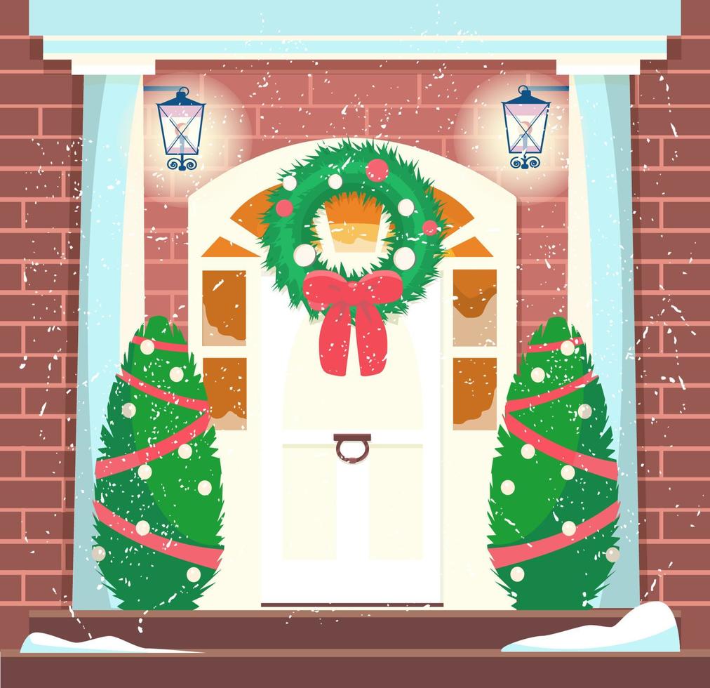 Vector illustration of house entrance decorated with christmas wearth and trees. Frozen windows with light inside. Cozy winter exterior with snow falling.