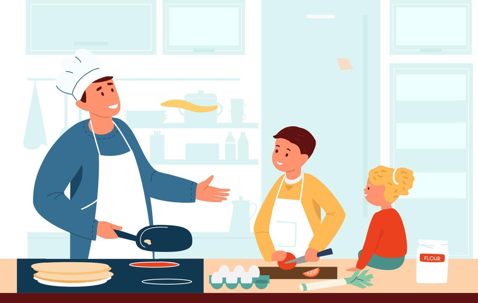 Vector Illustration Of Children In Aprons Making Cake Together In The Kitchen. Older Brother Helps His Little Sister Decorate Cake. Flat Design.