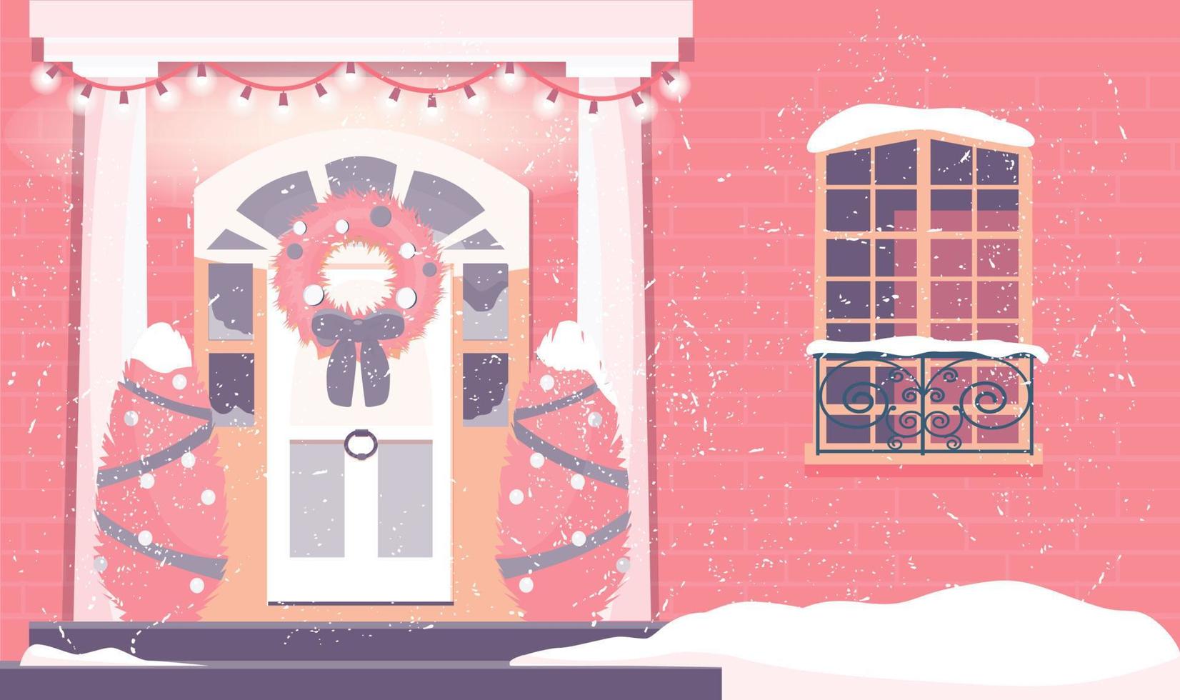 Vector illustration of house entrance decorated with christmas wearth, trees and garland. Cozy winter exterior with snow falling.
