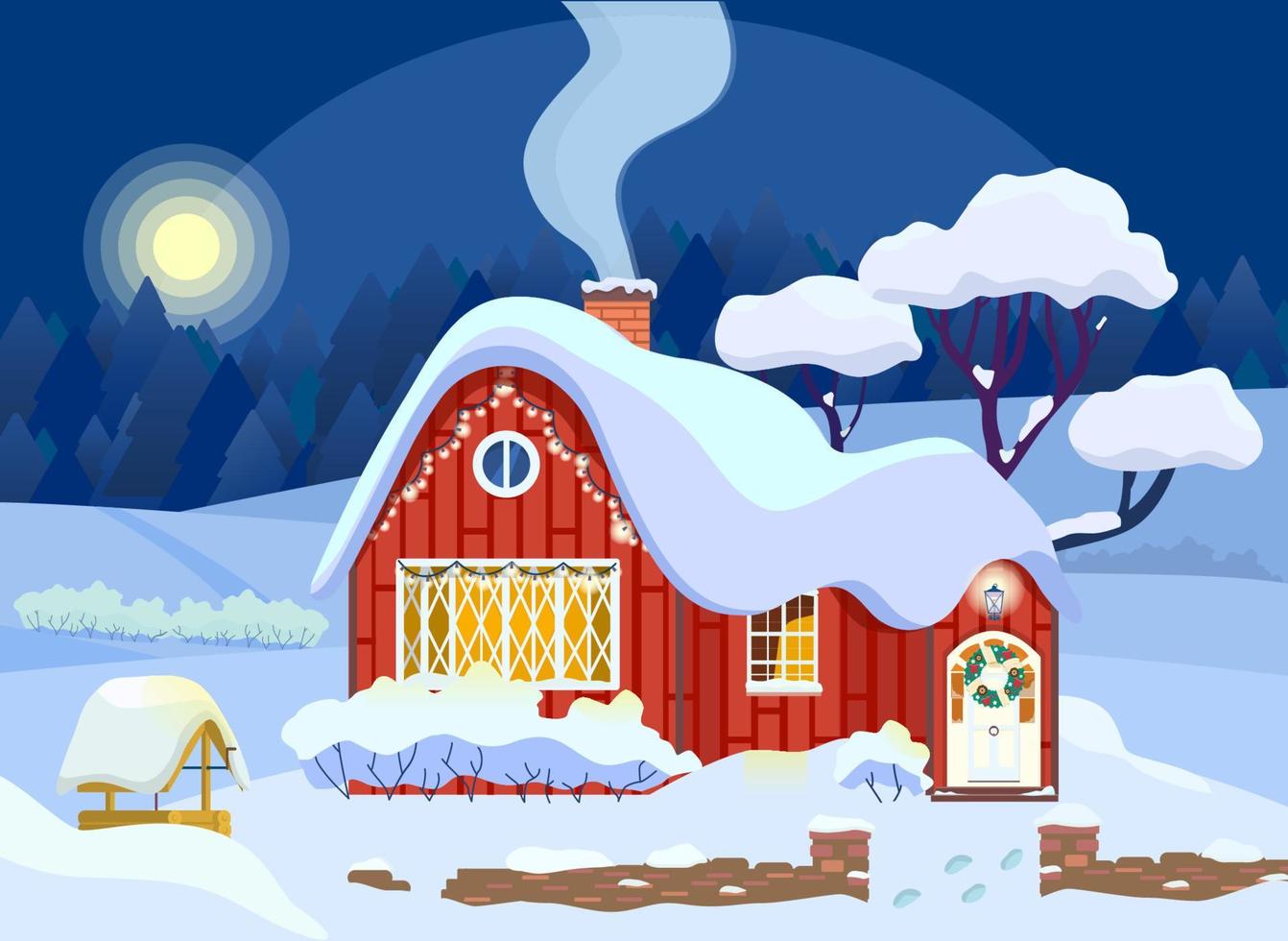 Vector illustration of winter countryhouse decorated with Christmas wreath and garlands with winter night landscape at the background. Perfect for Christmas and New Year cards.