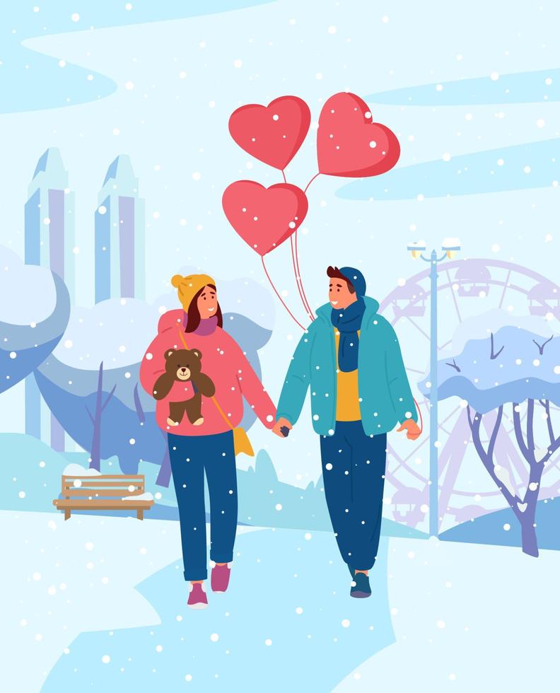 pareja joven tomados de la mano con globos en forma de corazón caminando en el parque de invierno. pareja adolescente en una cita el día de san valentín. ilustración vectorial vector