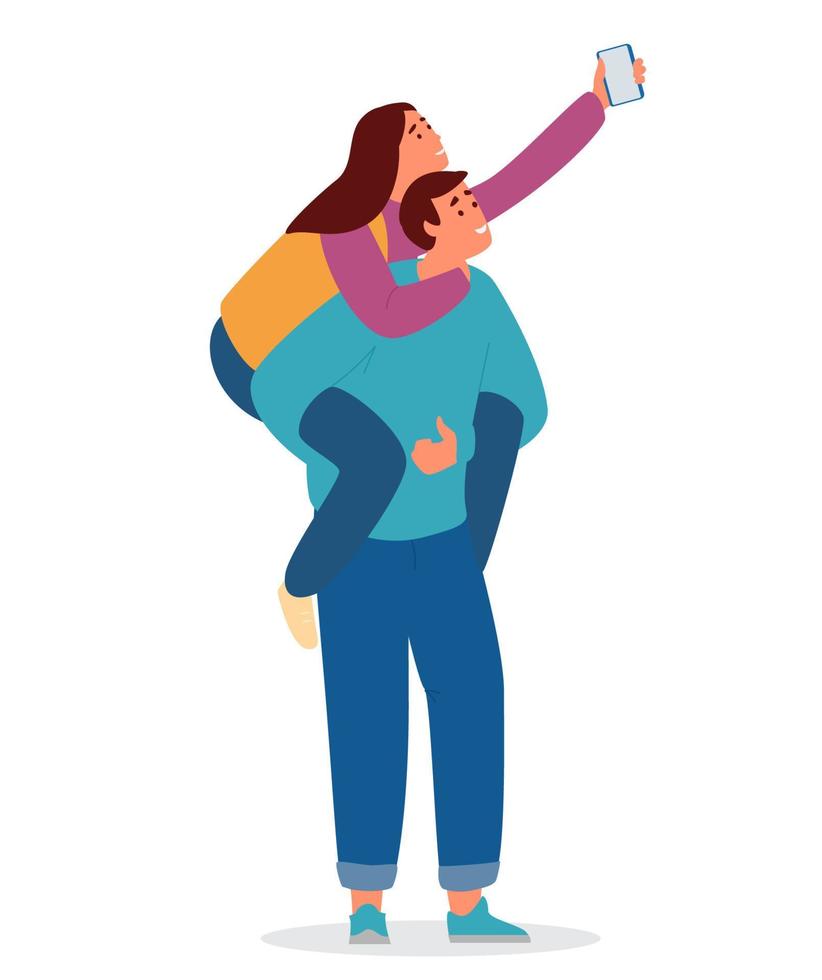 ilustración vectorial de pareja joven haciendo selfie. niño sonriente cargando a una niña en la espalda divirtiéndose y tomando fotos. aislado en blanco vector