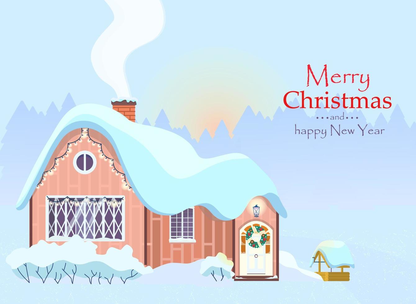 Christmas greeting card. Winter morning landscape with cozy countrysouse decorated with Christmas wreath and garlands. Wooden well and snowy bushes near house. vector