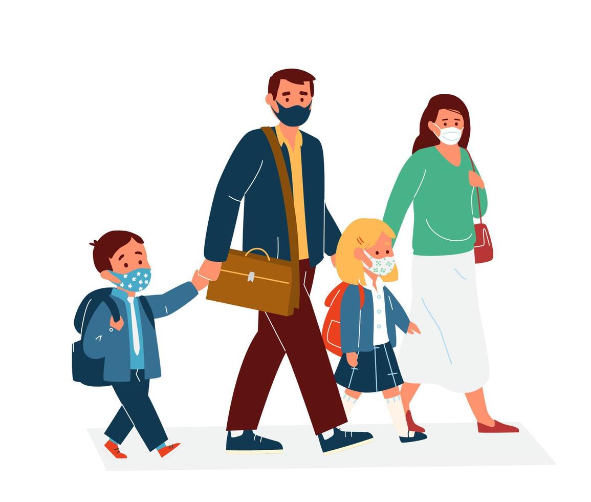 Parents With Children In Protective Masks Going To School. Back To School During Coronavirus Pandemic Concept. Primary School Pupils In Uniform. Flat Vector Illustration.