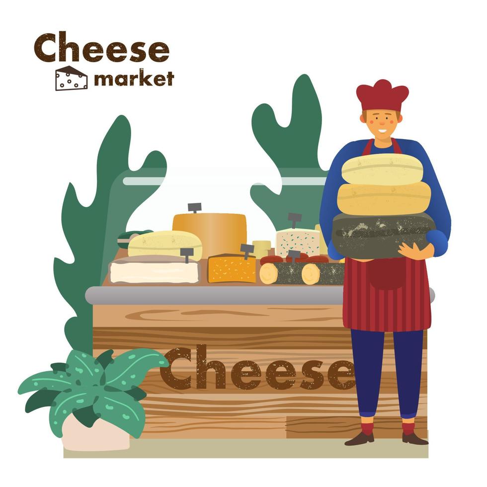 tienda de quesos con vendedor en el mercado de quesos. puesto de moda de madera con diferentes tipos de queso. mercado agrícola. personaje del fabricante de queso. ilustración vectorial dibujada a mano plana. vector