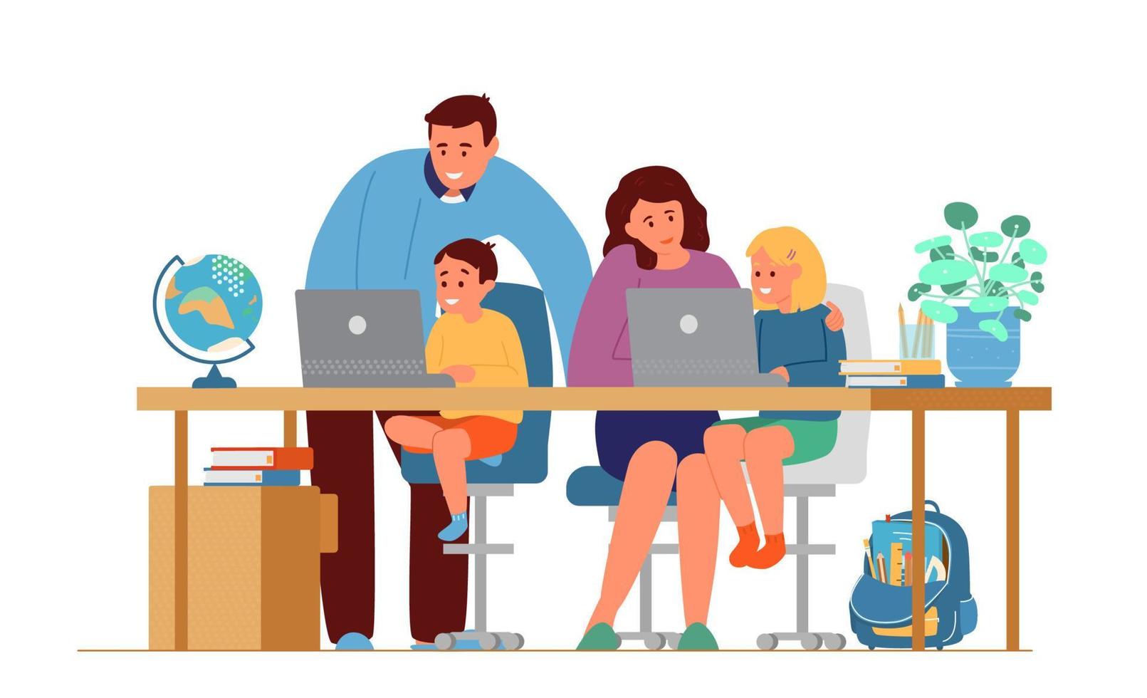 padres haciendo la tarea con los niños frente a las computadoras portátiles. educación en línea o concepto de educación en el hogar. ilustración vectorial plana. aislado en blanco vector