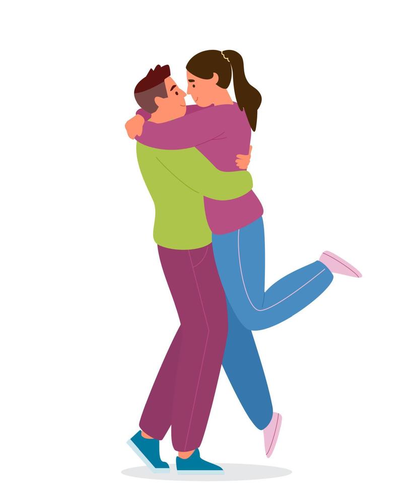 Vector Illustration Of Young Couple In Love Hugging. Man Lifting Woman. Isolated On White.