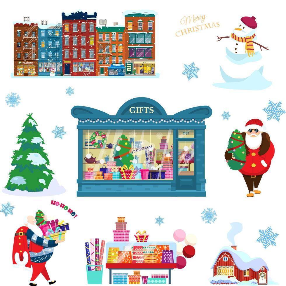 Christmas and New Year vector set. Snowy houses, snowman, Christmas tree, gift shop with presents, Santa with gifts, present bags and wrapping paper, countryhouse, snow flakes.