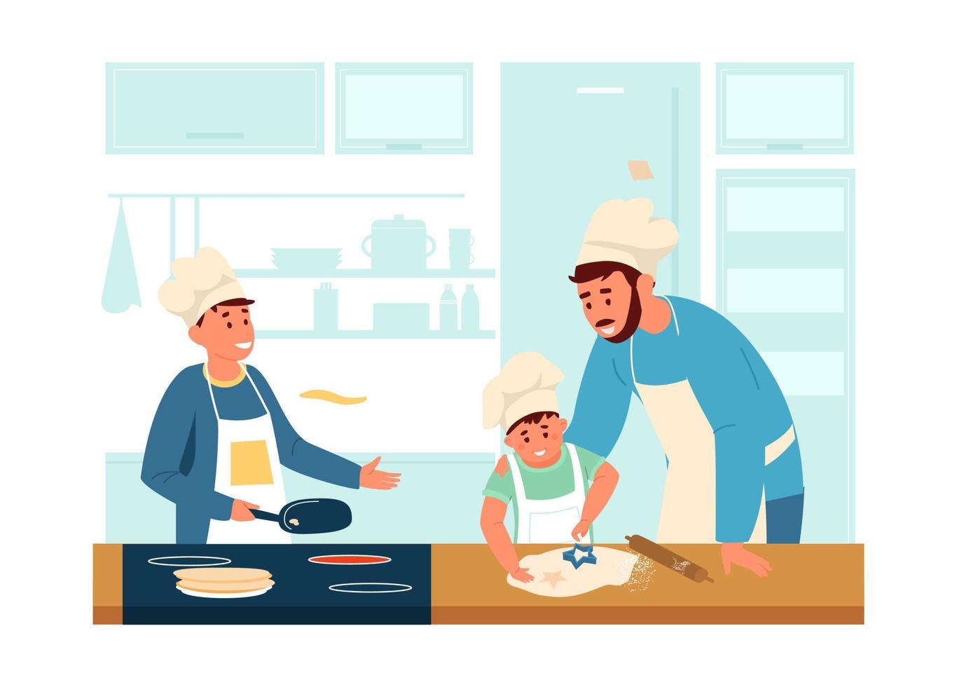 Dad in apron and chef's hat cooking with sons in the kitchen. Making pancakes and cookies with children. Family activities. Flat vector illustration.