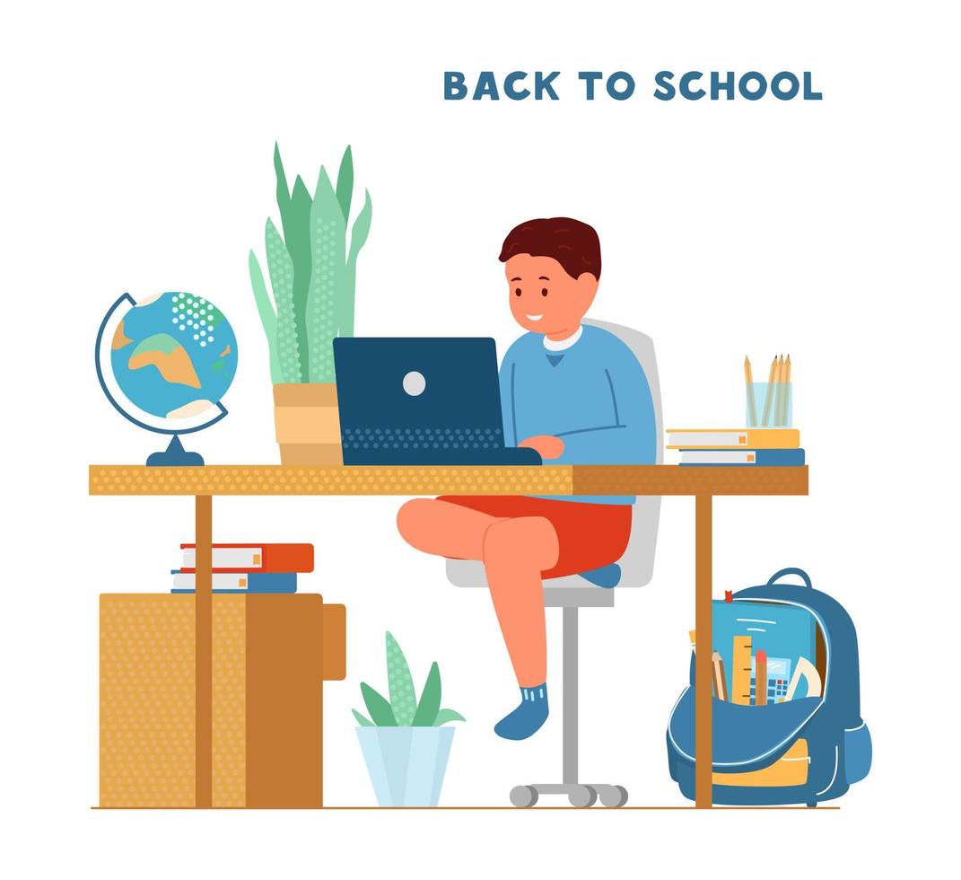 regreso a la escuela durante el concepto de pandemia. niño sonriente sentado en el escritorio frente a la computadora portátil estudiando. mochila escolar con útiles escolares, globo. ilustración vectorial plana. vector