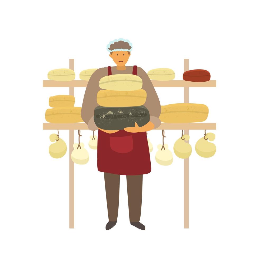 Vector illustration of cheese maker in apron and cap holding heads of cheese. Local food production. Eat local concept. Small business. Hand drawn style.