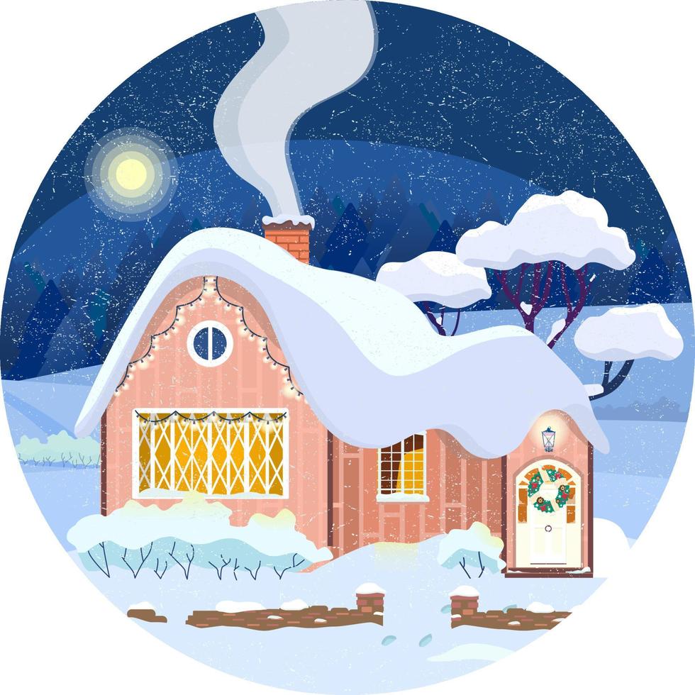 Winter night landscape with cozy house decorated with Christmas wreath and garlands. Wooden well and brick hedge near the house. Snowy night with chimney smoke in the sky. vector