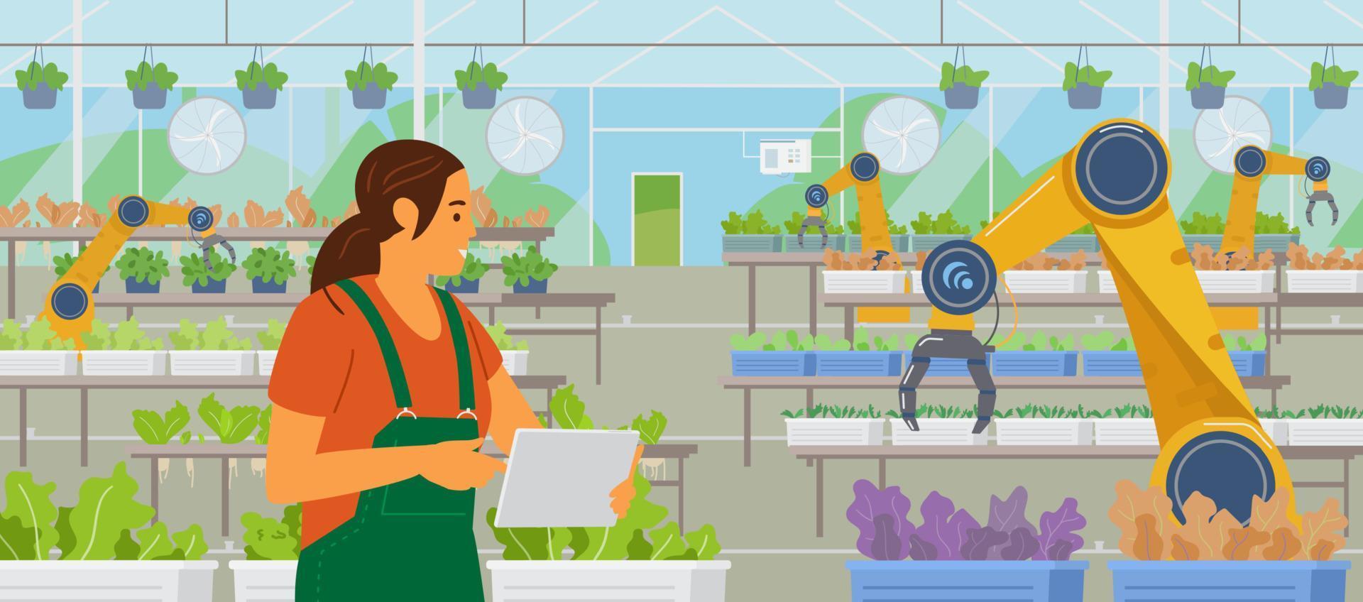 Woman Farmer Holding Tablet Managing Greenhouse With Mobile App. Glasshouse With Agriculture Automated Robots Flat Vector Illustration. Smart Farming.