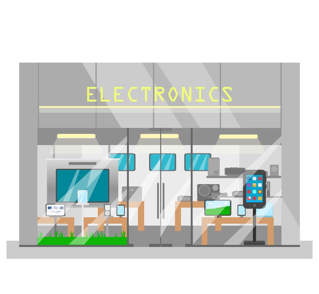 Vector illustration of electronics shop exterior. Electronic devices store. Flat style. Shop showcase.