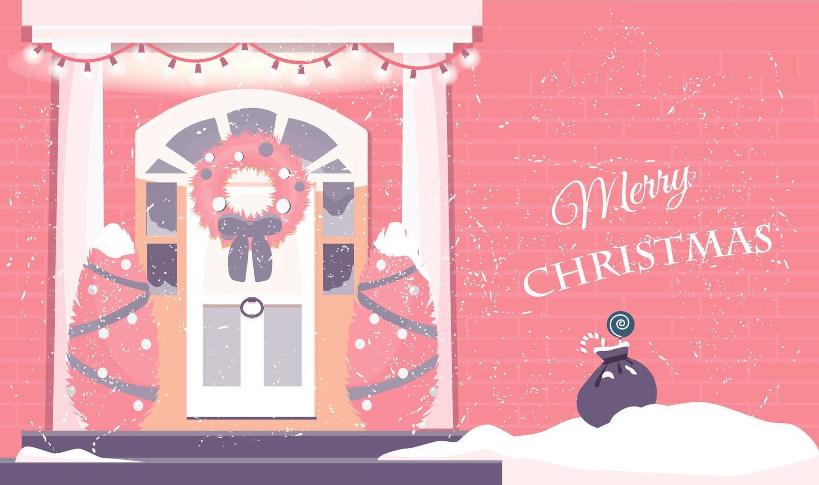 Vector illustration of house entrance decorated with christmas wearth, trees and garland. Cozy winter exterior with snow falling.