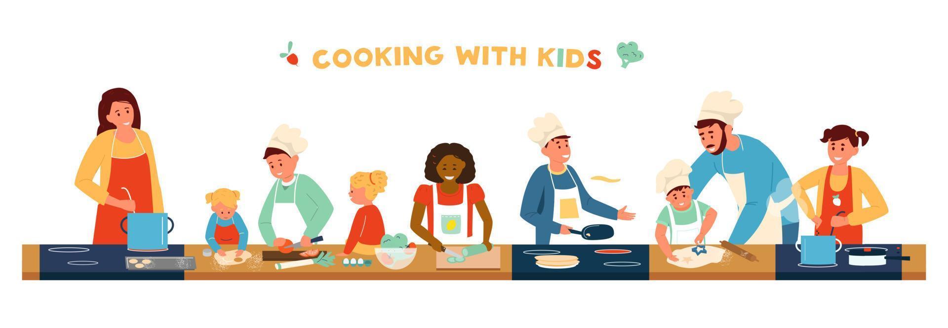 cocinar con pancarta horizontal para niños. niños de diferentes edades y razas con delantales y sombrero de chef cocinando con adultos. hacer sopa, panqueques, ensalada, hornear. clase de cocina para niños. ilustración vectorial plana. vector