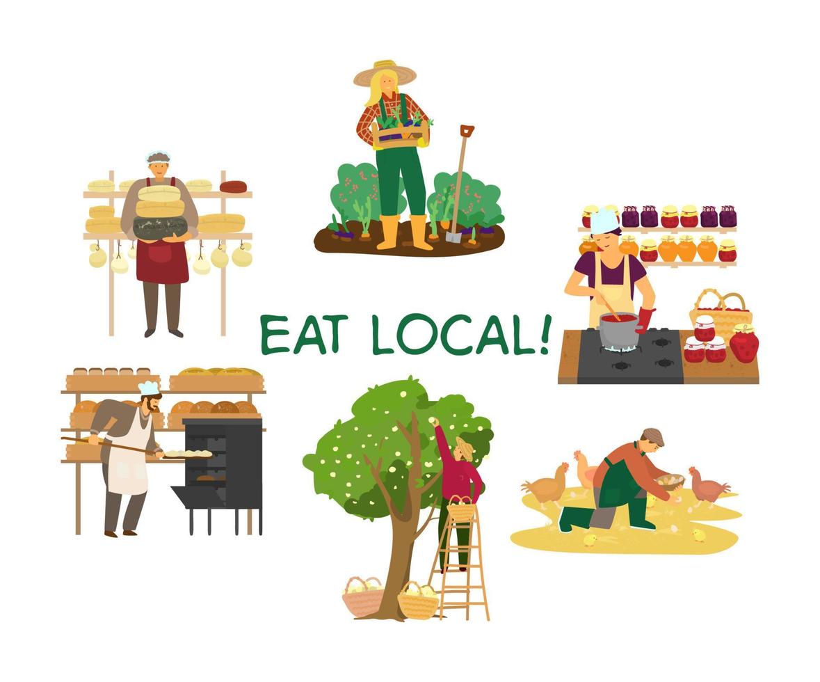 Vector illustration of eat local concept with different product makers. Woman farmer with vegetables, baker, cheese maker, chicken farmer, gardener collecting apples, woman making jam.