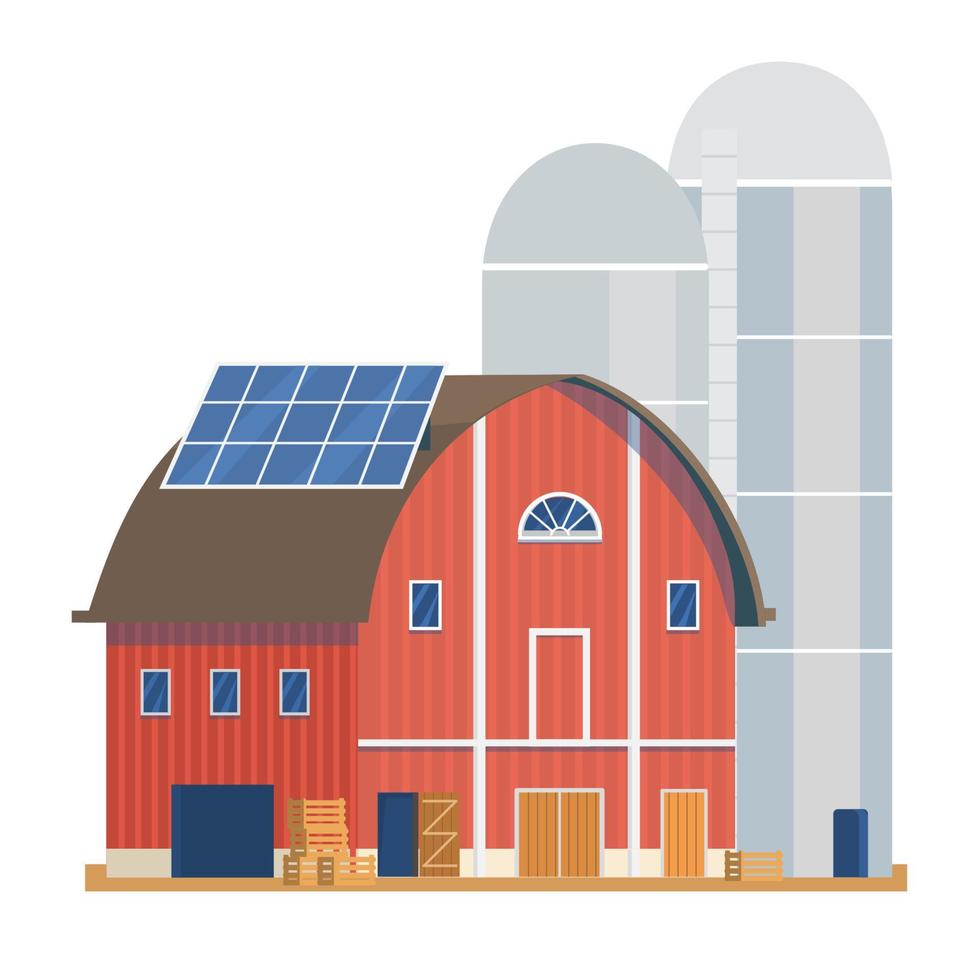 Red Barn With Silo And Solar Panels Flat Vector Illustration. Isolated On White.