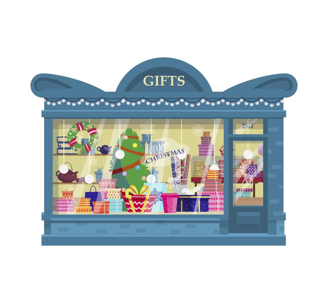 Vector gift shop filled with present boxes, wrapping paper rolls, Christmas presents, bags, tree, wreath, garlands, lights, balloons. Shop exterior. Flat.