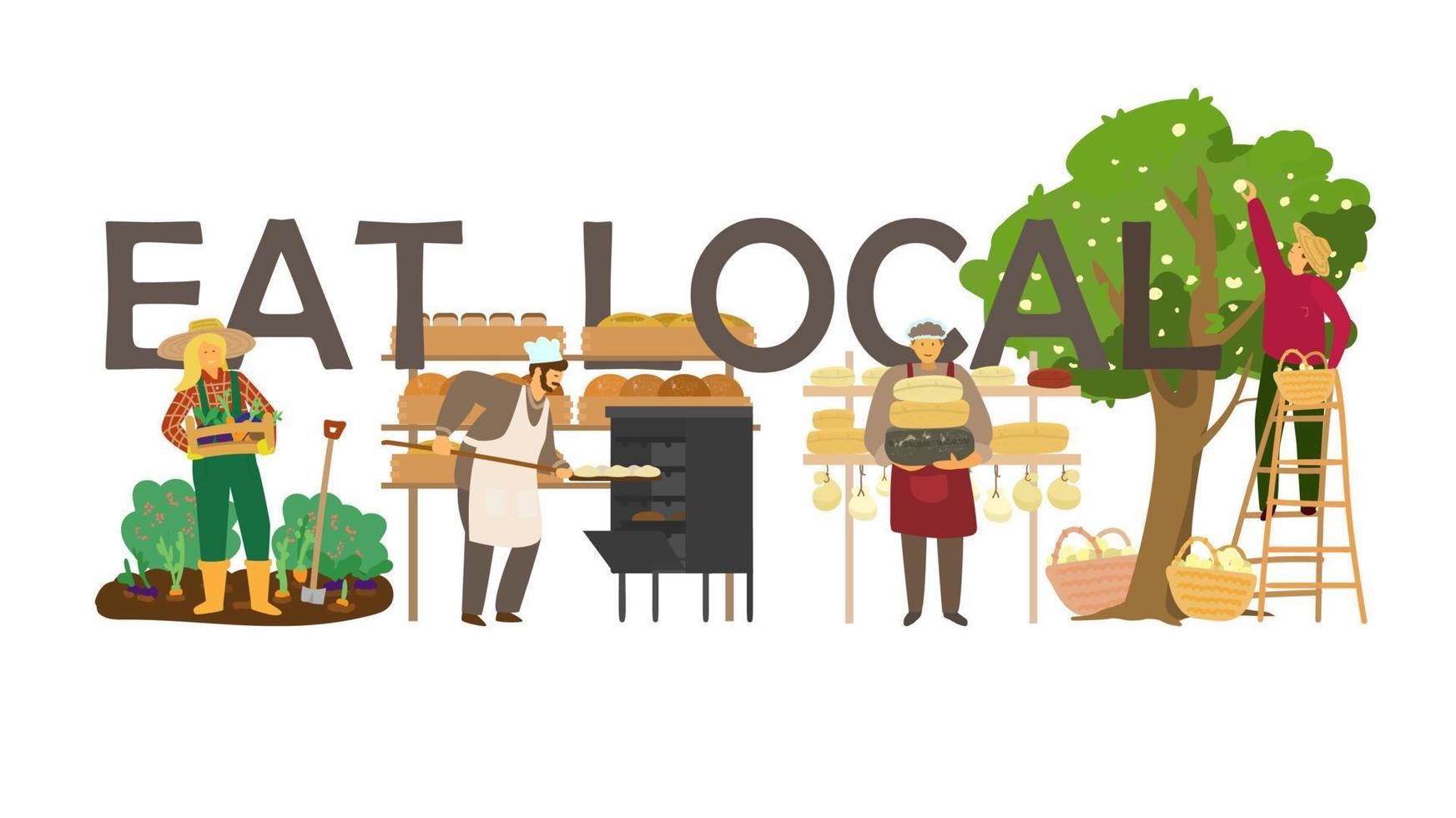 Vector illustration of eat local concept with different product makers. Woman farmer with box of vegetables, baker making bread, cheese maker with heads of cheese, gardener collecting apples.