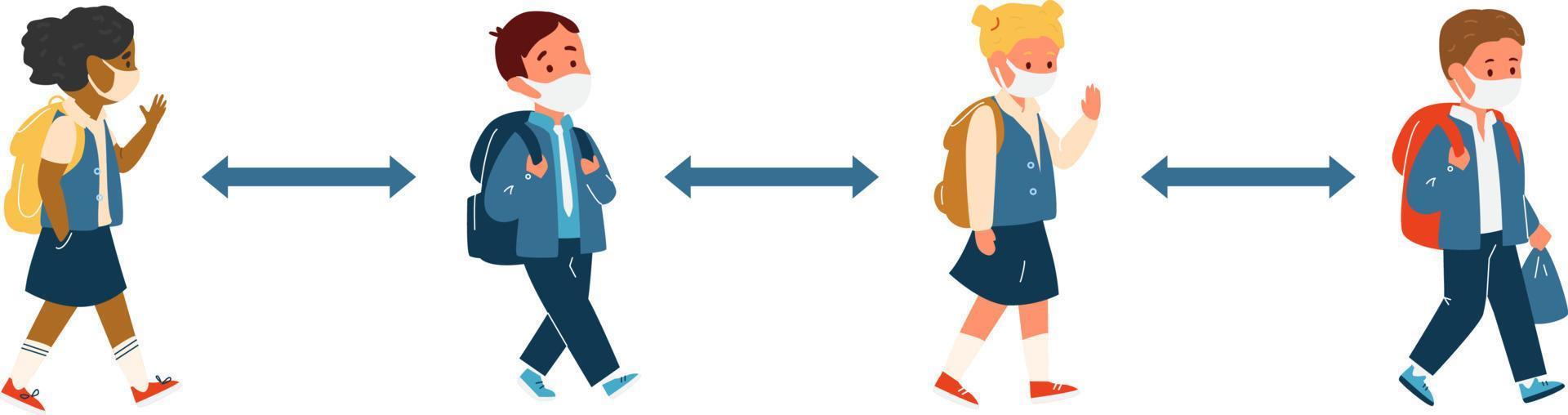 Group Of Kids Different Race In School Uniform In Protective Masks With Backpacks Walking Keeping Social Distance. Primary School Pupils During Coronavirus Pandemic. Flat Vector Illustration.