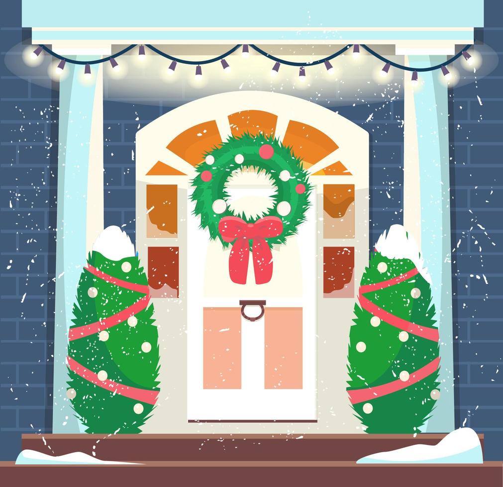 ilustración vectorial de la entrada de la casa decorada con ropa navideña y árboles. Ventanas heladas con luz interior. acogedor exterior de invierno con nieve cayendo. vector