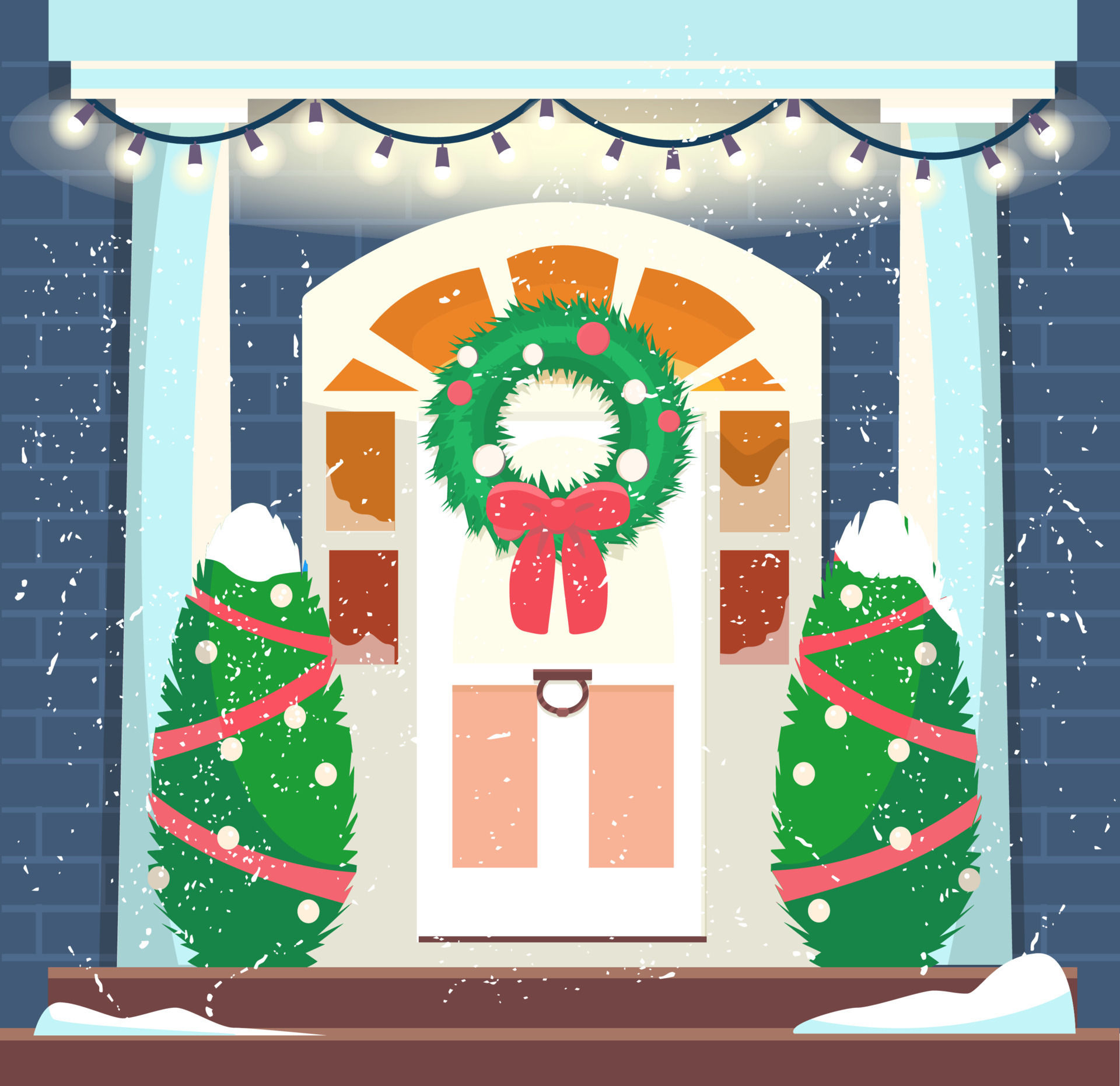 ilustración vectorial de la entrada de la casa decorada con ropa navideña y  árboles. Ventanas heladas con luz interior. acogedor exterior de invierno  con nieve cayendo. 10878857 Vector en Vecteezy