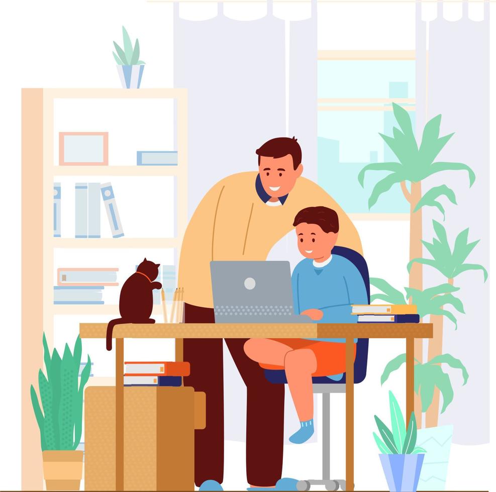 Dad Or Tutor Teaching Son At Home. Homeschooling Concept. Working Place Interior. Flat Vector Illustration.