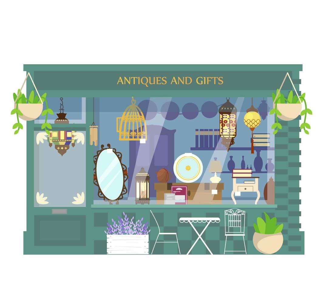 ilustración vectorial de la tienda de antigüedades y regalos. exterior de la tienda. escaparate de la tienda. muebles antiguos, lámparas, libros, cerámica. vector