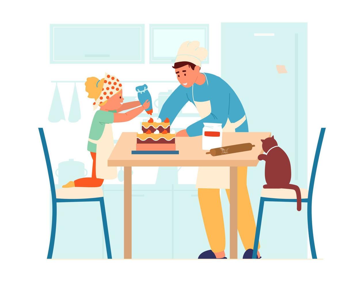 Vector Illustration Of Children In Aprons Making Cake Together In The Kitchen. Older Brother Helps His Little Sister Decorate Cake. Flat Design.