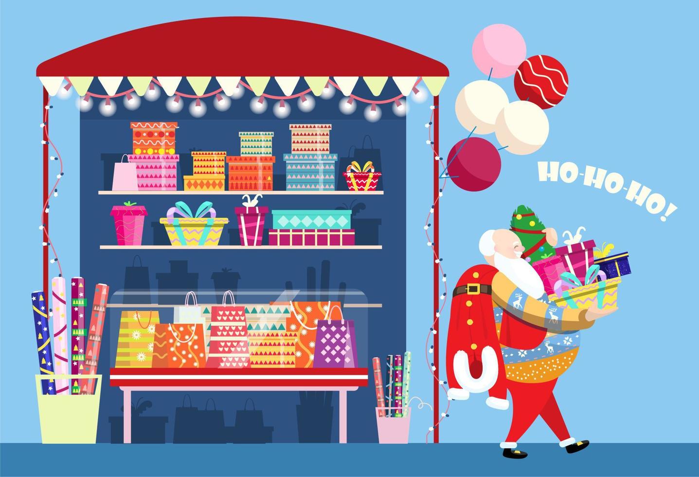 Vector illustration of Santa going from gift shop with lots of presents and christmas tree. Wrapping service. Gift boxes, gift pockets, wrapping paper, garlands and balloons.