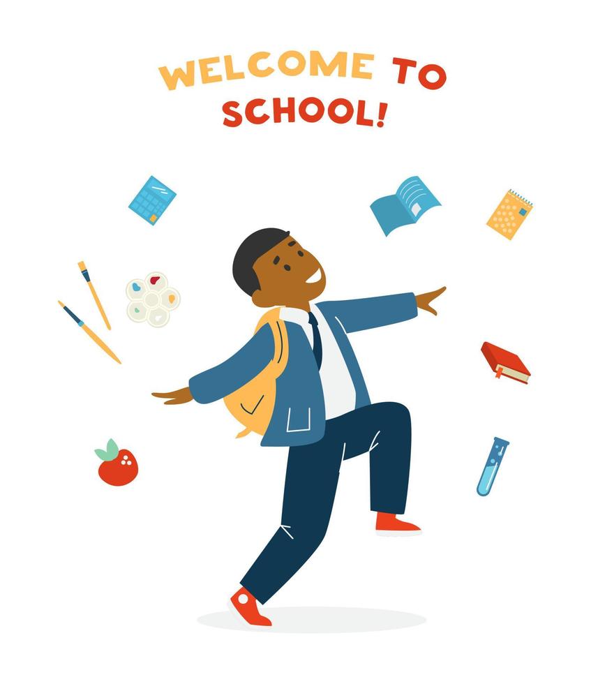 Vector Welcome To School Card With Cute African American Smiling Boy In Uniform With School Bag Jumping And Skipping Surrounded With School Equipment. Back To School. Vector Illustration.