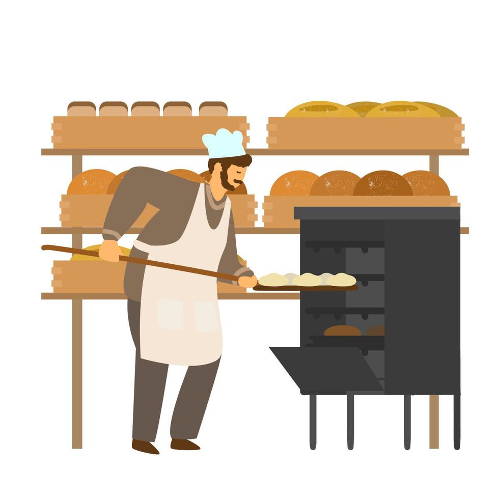 ilustración vectorial de panadero en delantal y sombrero poniendo pan en el horno. producción de pan estantes con pan. producción local de alimentos. comer concepto local. pequeños negocios. estilo dibujado a mano. vector