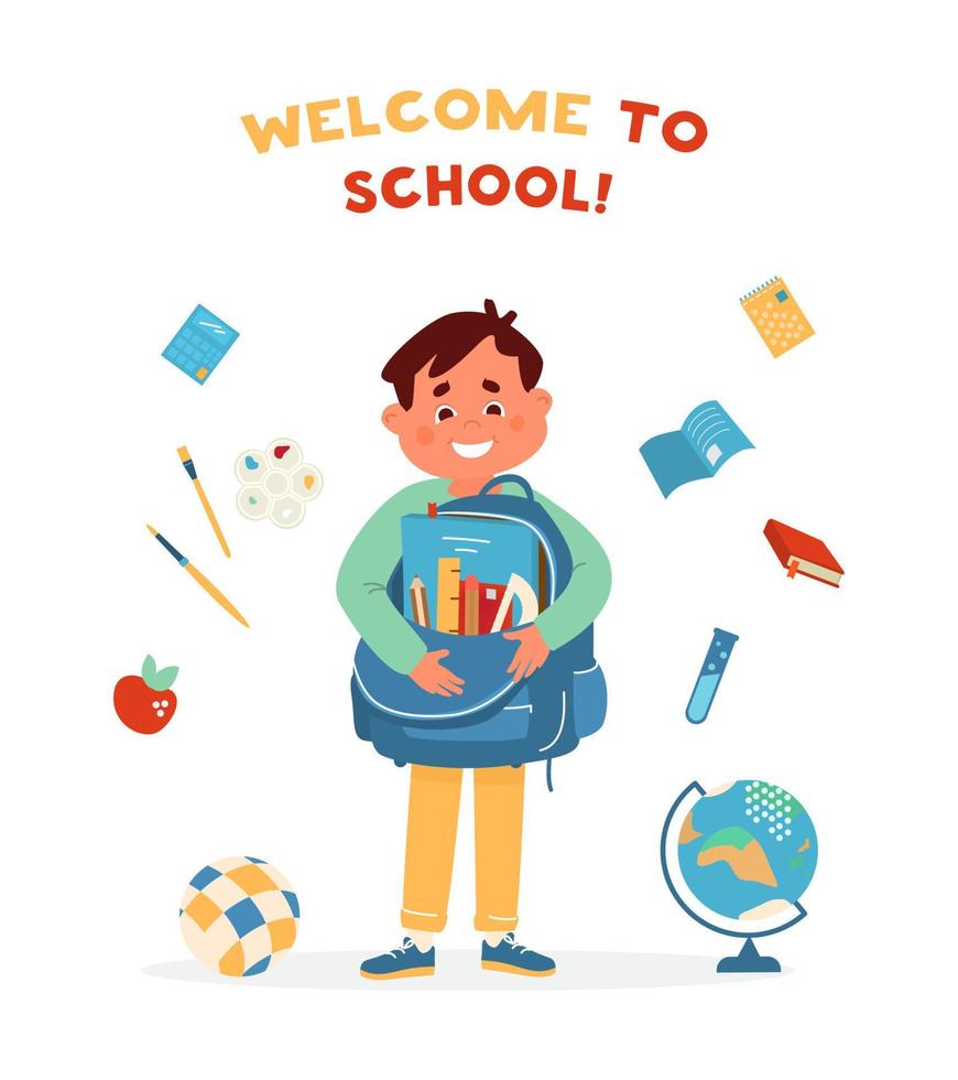 vector de bienvenida a la tarjeta escolar con un lindo niño sonriente sosteniendo una mochila escolar con suministros rodeados de equipo escolar. estudiante de primer grado preparándose para la escuela. ilustración vectorial.