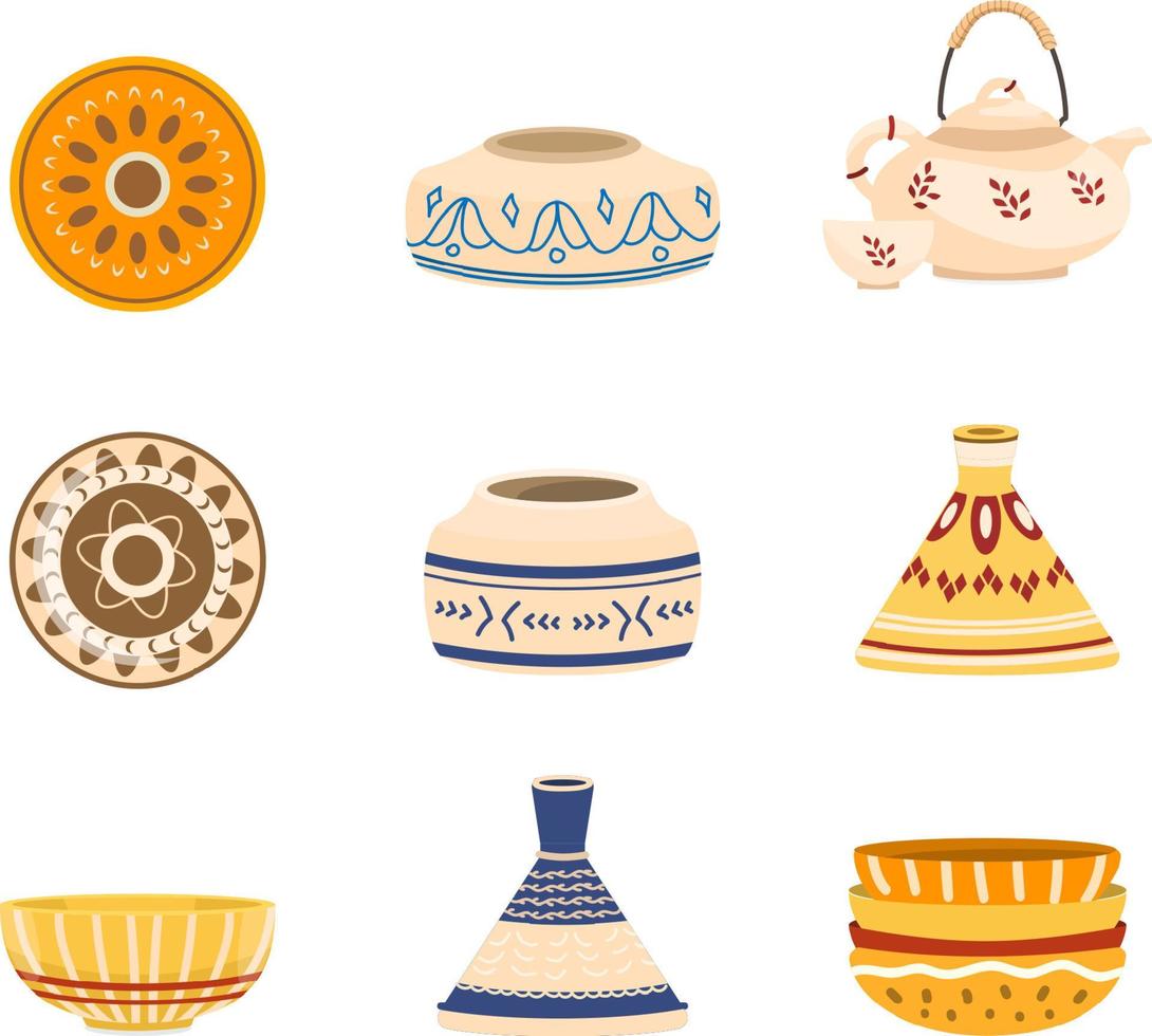 Set of ceramics plates, tea pot, jug, bowls, vase with ornament. Decorative pottery. Isolated on white. Flat cartoon vector illustration.