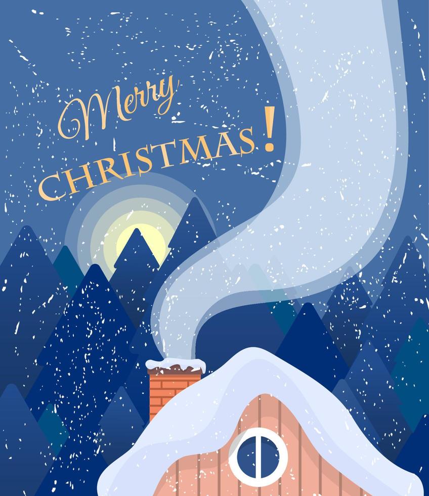 ilustración vectorial de la casa de campo de invierno con humo de chimenea con paisaje nocturno y palabras de saludo. perfecto para tarjetas de navidad y año nuevo. vector