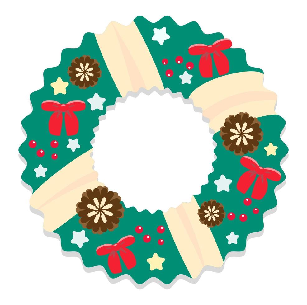 Vector illustration of Cristmas wreath with cones and bows in flat style.