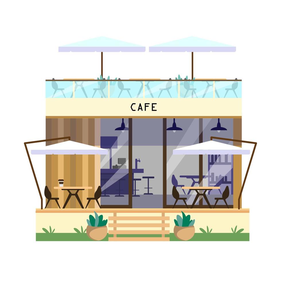 Vector illustration of cafe building.Two-storey coffeeshop exterior with terrace and umbrellas. Flat style.