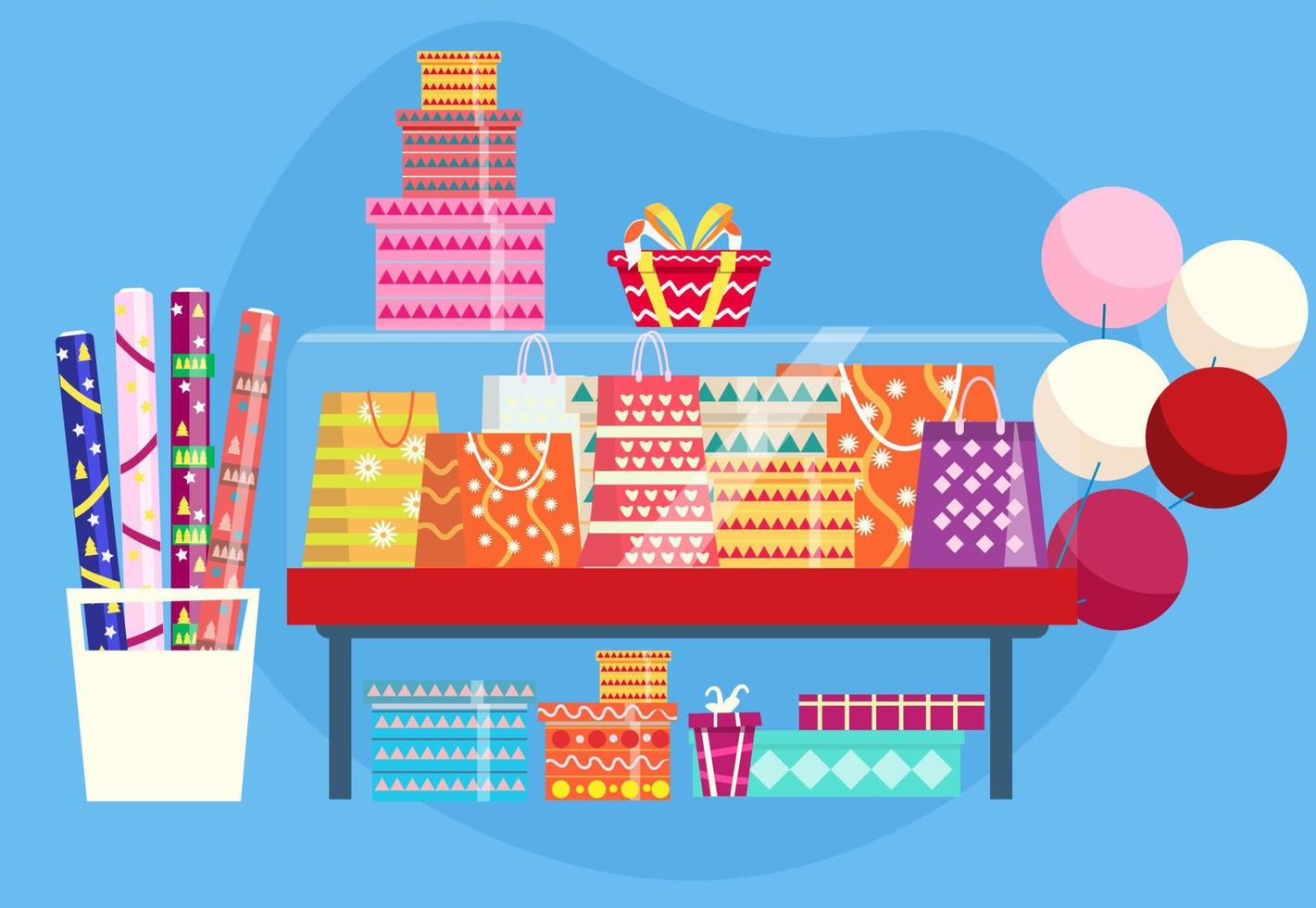 Showcase with gift bags, present boxes, rolls of wrapping paper and baloons. vector