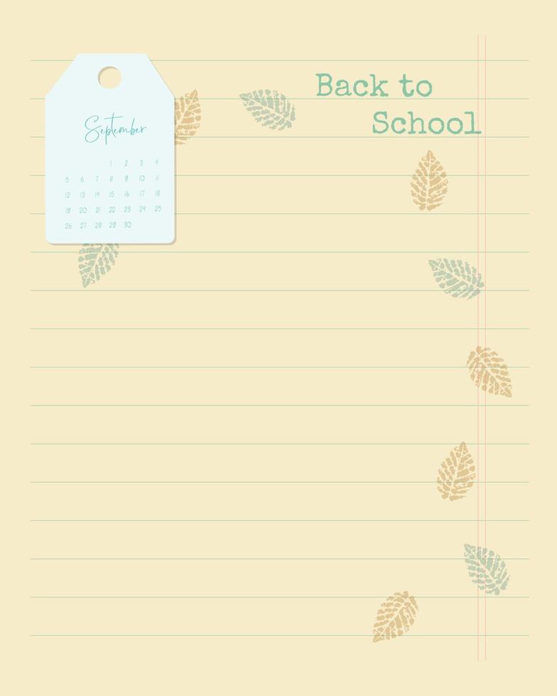 Back to school template and September 2022 calendar. Template for note, to-do list, reminders. vector