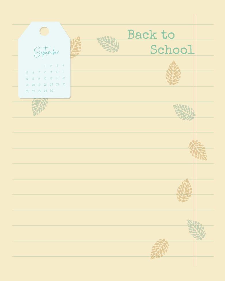 Back to school template and September 2022 calendar. Template for note, to-do list, reminders. vector